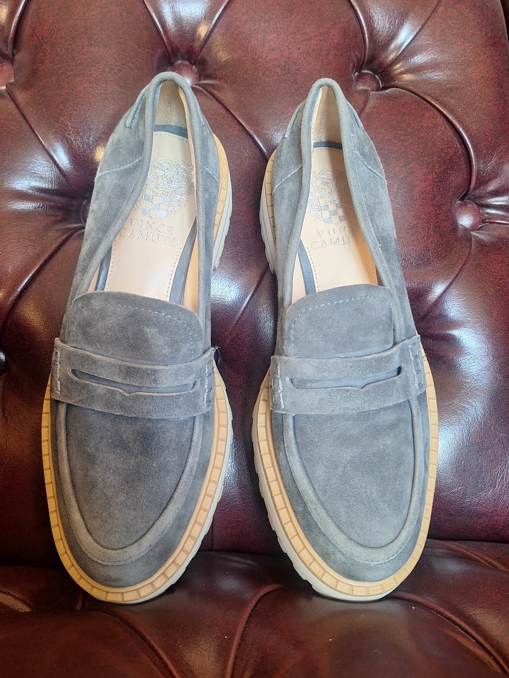 Vince Camuto Men's Gray Suede Penny Loafers with Tan Rubber Sole